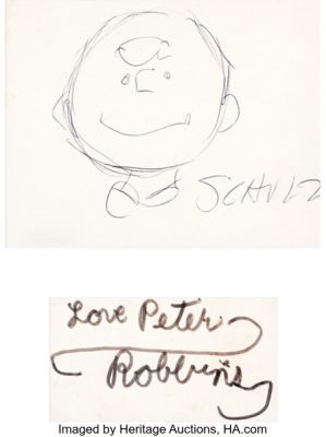 Charles Schulz Peanuts Charlie Brown Signed Sketch Original Art plus Peter Robbins Signature Card (c. 1960s-90s). | Heritage