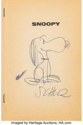 Charles Schulz - Snoopy Signed Drawing Original Art in a Peanuts Book (Rinehart & Co., 1958). | Heritage