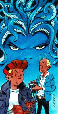 Dany | Lot 365 - Spirou et la gorgone bleue, dessin original à l’encre de chine et à l’aquarelle réalisé pour un ex-libris sorti chez Super Héro. | Septimus
