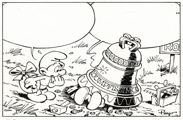 Peyo | Les Schtroumpfs, dessin original à l’encre de chine et rehauts à la gouache blanche sur papier dessin publiée dans le journal Spirou n°2049 du 21 juillet 1977. Superbe illustration réalisée pour un jeu concours intitulé «&hellip; | Septimus