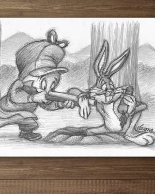 Joan Vizcarra - 1 Crayon original - “What’s Up, Hunter?” (Bugs Bunny & Elmer Fudd) – Hand Signed | Catawiki