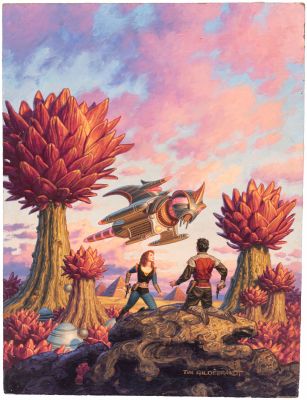 Lot 38 - TIM HILDEBRANDT AMAZING STORIES "THE FLIGHT" SCI-FI MAGAZINE COVER ORIGINAL ART PAINTING. | Hake’s