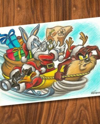 Joan Vizcarra Crayon original - Bugs Bunny, Taz & Daffy as Santa’s Team – Hand Signed | Catawiki