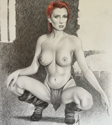 Ihsahnity (Erik Doppenberg) - 1 Original colour drawing - Red Head - Colored Pin-Up