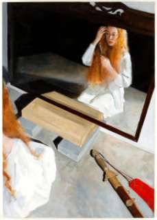 Jon J. Muth - Red-Haired Woman in Mirror Painting Original Art (2001). An incredible perspective of a - | Heritage