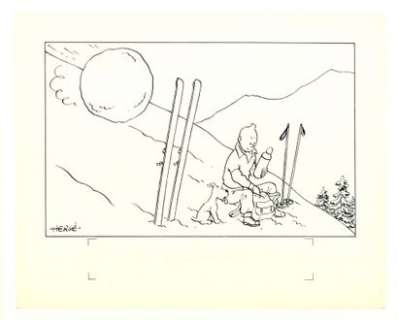 Hergé, Georges Rémi Dit (1907-1983) | Carte neige. Encre de Chine sur papier contrecollé sur carton. Dessin réalisé en 1942/1943 pour la c… | Stanley’s Auction