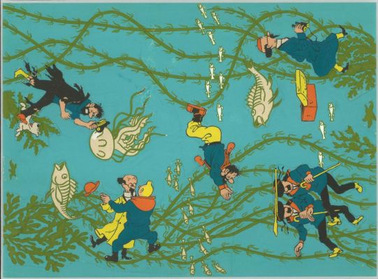 Lot 78 - HERGE (1907-1983) et studio. Projet textile tiré du "Trésor de Rackham le Rouge". Aquarelle, encre de chine et… | HVMC