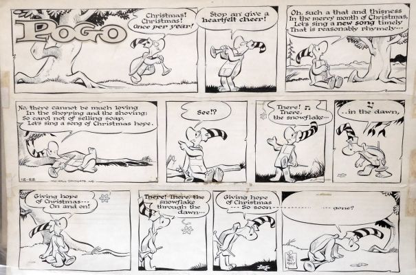 Walt Kelly | Kelly, Walt - Pogo Sunday 12/22 1963, Christmas - Churchy Sings Melancholy X-Mas Song, Tribute To Jfk & Republished As 12/23 1973 Sunday When Walt Died in 1973 | Cool Lines Art