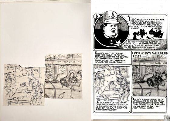 Art Spiegelman | Spiegelman, Art - Sleazy Scandals of the Silver Screen #1 Pg 2 Ink Prelim, Lower-Half 2-Panels, Movie Star Fatty Arbuckle 1974 | Cool Lines Art