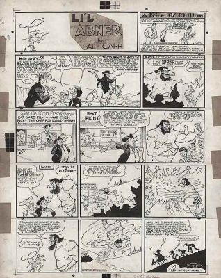 Al Capp | Capp, Al - Lil Abner Sunday, Abner & Parents Enslaved, Mammy Beats Bone Crusher 4/27 1941 | Cool Lines Art