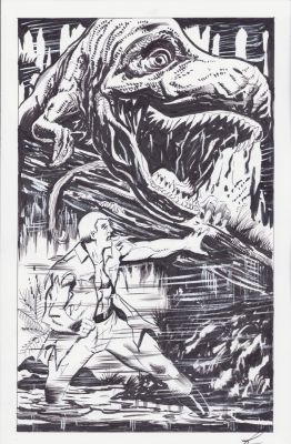 Lou Manna | T-Rex Chasing Doc Savage Commission - Signed | Anthony’s Comic Book Art