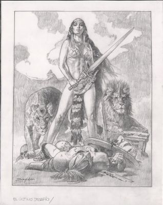 ’The Last Stand’ Warrior Woman with Defeated Opponent & Big Cats Large Published Pencil Art - with Coa - Signed | Anthony’s Comic Book Art