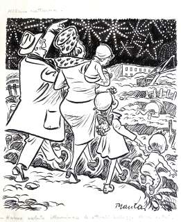 Giovanni Manca | Original illustration cm. 25,5x30. Ink. Signed. "Milan by night". Ink. Signed. Mint. Code 1777. | Segni e Disegni