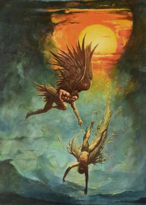 Simon Bisley – Flight of Icarus – Stretched Canvas painting – 24 x 18 inches – 2004 | Berserker Art