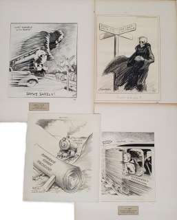 4 Original Pen Ink Drawings Railroad Grim Reaper Political Newspaper Illustrations Cartoon Animation | Hess Fine Auctions