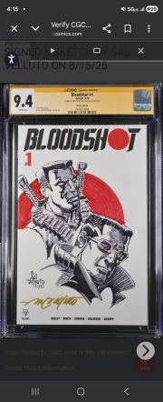 BLOODSHOT #1 (2019) CGC 9.4 SS – CUSTOM SKETCH & SIGNED BY SAL VELLUTO (WITH COLOR)​Body:​Check out this killer Bloodshot piece! This is a CGC 9.4 Signature Series copy of the Bloodshot by Sal Velluto | Raremarq (Buy It Now)