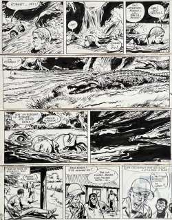 Jijé / Dr Gladstone. Planche Originale N°9 de La 1E Histoire "Dr Gladstone" Illustrant La Scène Ou Robert Gladstone Se Fait Poursuivre Par Des Crocos. Très Belle Qualité D’exécution Pour Cette Scène D’action Intense Et Réussie. Publié Dans Le Journal Spirou En 1964. Rare. Encre de Chine Avec La Mise En Couleurs Sur Calque Au dos. Tbe. 36 X 42 Cm |  | Dagoty