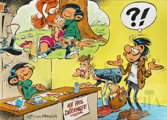 André Sipp/Gaston. Dessin original réalisé en hommage coquin à Franquin. Superbe qualité d‘exécution qui illustre la maîtrise technique de l‘artiste. Encre de Chine et aquarelle signée. TBE+. 41 X 30 cm - Lot 214 :