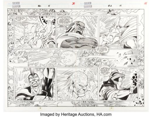 Ron Lim and Tom Christopher Silver Surfer #82 Double Page Spread 15-16 Original Art (Marvel, 1993). | Heritage