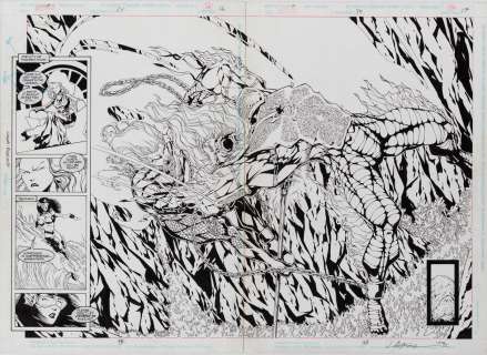 Jim Calafiore and Peter Palmiotti original double page splash artwork for Aquaman #34 Page 16 and 17