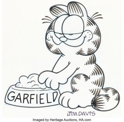 Jim Davis Studio - Garfield with Food Bowl Illustration Original Art (c. 1980s). | Heritage