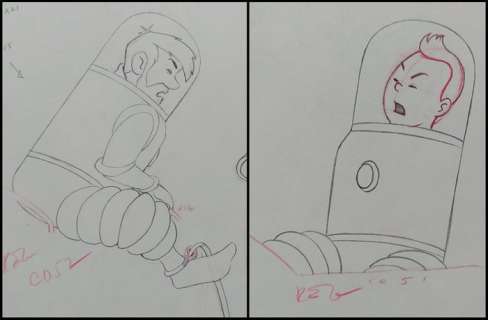 Tintin - 5x Original drawings - Tintin & Haddock on moon scene - On a marché sur la lune (1960’s) | Catawiki