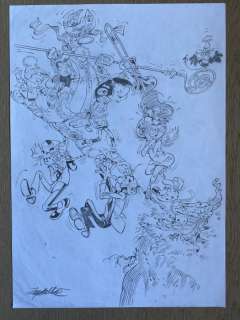 Gaston, Marsupilami, Spirou et Fantasio - Dessin original - Hommage Ã  Franquin - Loose page | Catawiki