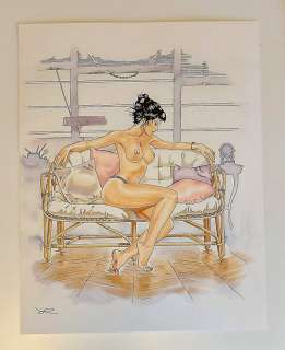 Chabane, Lounis | Lounis Chabane - Dessin original en couleurs - Femme sur canapé - Signé | Catawiki