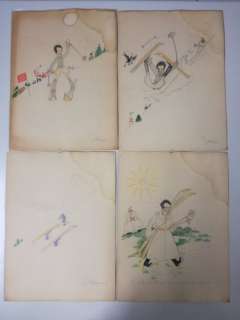 Jijé (Gillain, Joseph) | Jijé (Gillain, Joseph) - 4x Originele potloodtekeningen ingekleurd met kleurpotlood - (1934) | Catawiki