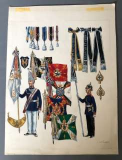 Funcken, Fred & Liliane | Funcken, Fred & Liliane - Dessin original couleur - L’Uniforme & armes des soldats du XIXe - Allemagne - Drapeaux - (1969) | Catawiki