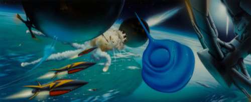  - Jim Burns (British, b. 1948)
 The Reality Dysfunction recreation
 Acrylic on board
 19-1/2 x 48-1/2 inches
 Initialed an...