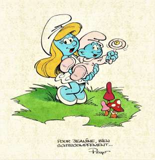 Peyo | La Schtroumpfette et le bébé Schtroumpf, dessin original à l’encre de chine et aux encres de couleurs, signé et dédicacé (papier piqué). | Septimus