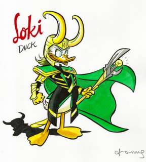 Tony Fernandez, Disney Artist | LOKI DUCK - Donald Duck inspired by Loki - Original Painting - Signed by Tony Fernandez - 50 x 35 cm - Acrylic Art | Catawiki