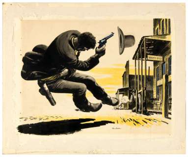 FRED LUDEKENS SHERIFF SHOOT OUT ON WESTERN STREET ILLUSTRATION ORIGINAL ART. | Hake’s