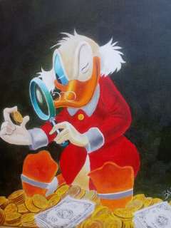 Bas Heymans | Oil on Canvas - ’Scrooge McDuck inspecting Money’ - Original Signed Art by Bas Heymans - 28x28 cm | Catawiki