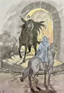 Inger Edelfeldt | The Lord of the Rings - J.R.R.Tolkien - Inger Edelfeldt - Watercolor "Gandalf the white vs Witch-king of Angmar" - (1980) | Catawiki