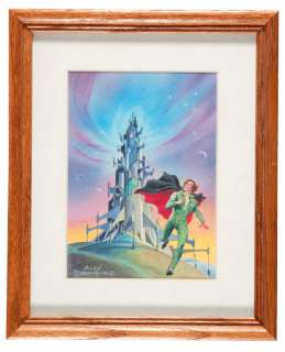MAN RUNNING FROM SPACE TOWER BUILDING FRAMED ALEX SCHOMBURG ORIGINAL CONCEPT PAINTING. | Hake’s