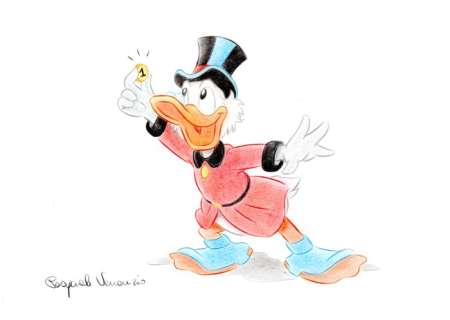 Pasquale Venanzio | Uncle Scrooge - Holding his first dime - Signed Original Coloured Art by Pasquale Venanzio - Page volante | Catawiki