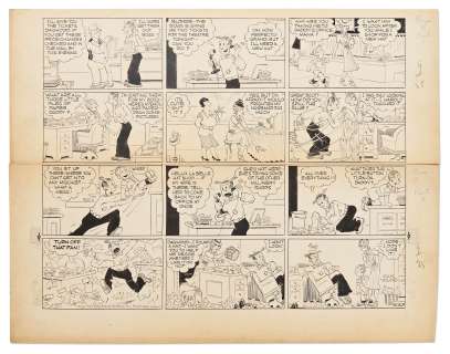 Chic Young Hand-Drawn ’’Blondie’’ Sunday Comic Strip From 1938 -- Baby Dumpling Causes Mischief at Dagwood’s Office | Nate Sanders