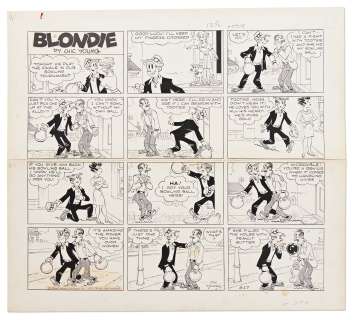 Chic Young Hand-Drawn ’’Blondie’’ Sunday Comic Strip From 1972 -- Despite Dagwood’s Best Diplomacy, Tootsie Fills Herb’s Bowling Ball with Peanut Butter | Nate Sanders