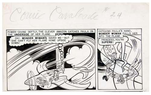 WONDER WOMAN RESCUING PAULA WITH INVISIBLE PLANE â€œCOMIC CAVALCADEâ€ #24 GOLDEN AGE ORIGINAL ART. | Hake’s