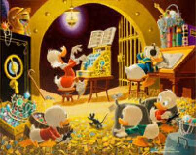 Carl Barks Spoiling the Concert Oil Painting Original Art (1973). While Barks‘ composition dazzles here, there -