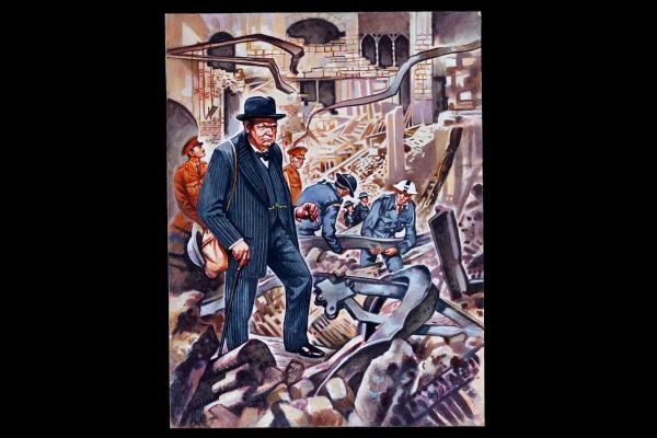Lot 330 - Painting in gouache “Sir Winston Churchill Surveying Damage to the House of Commons” | misc / divers