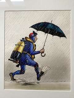 Claude Serre - Serre - Dessin original couleur - L‘homme grenouille sous la pluie - Les vacances - (1985)