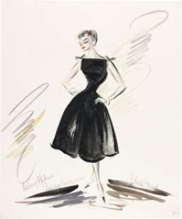 Sabrina (Paramount, 1954), Audrey Hepburn "Sabrina Fairchild" Costume Sketch for the Black Cocktail Dress with Shoulder Bows by Edith Head. | Heritage