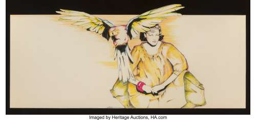 Patrick Nagel (American, 1945-1984). Girl with Parrot. Pencil, acrylic, and ink on board. 50 x 25 inches (127 x 63.5 cm)... | Heritage