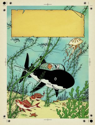 Hergé (Studios) | Tintin, Le Trésor de Rackham le rouge, bleu de coloriage et son film noir pour la couverture de l’album. | Septimus