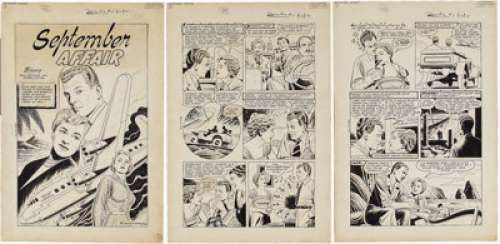 Fred Guardineer - Movie Love #5, Page Original Art, Group of 12 (Famous Funnies, 1950).  A plane crash at sea -