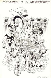 Greg Land, Jay Leisten - Mighty Avengers #10 P.10 - the Watchers, Giant-Man, Wasp, Iron Man, Thor, Spider-Man, Thor, Hulk, Fantastic Four, Korg, & Annihilus Splash - 2014 Signed