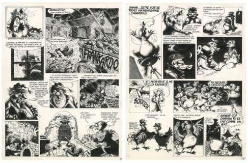 Benoît Sokal - Planches originales n°5 et 6 du récit La Mort d‘Hortense - Premières enquêtes - Une Enquête de l‘Inspecteur Canardo